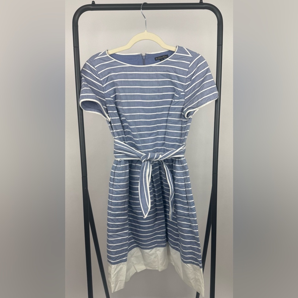 Brooks Brothers Striped Cotton Dobby Dress Size 4 Blue White Tie Waist Pockets - Picture 4 of 7